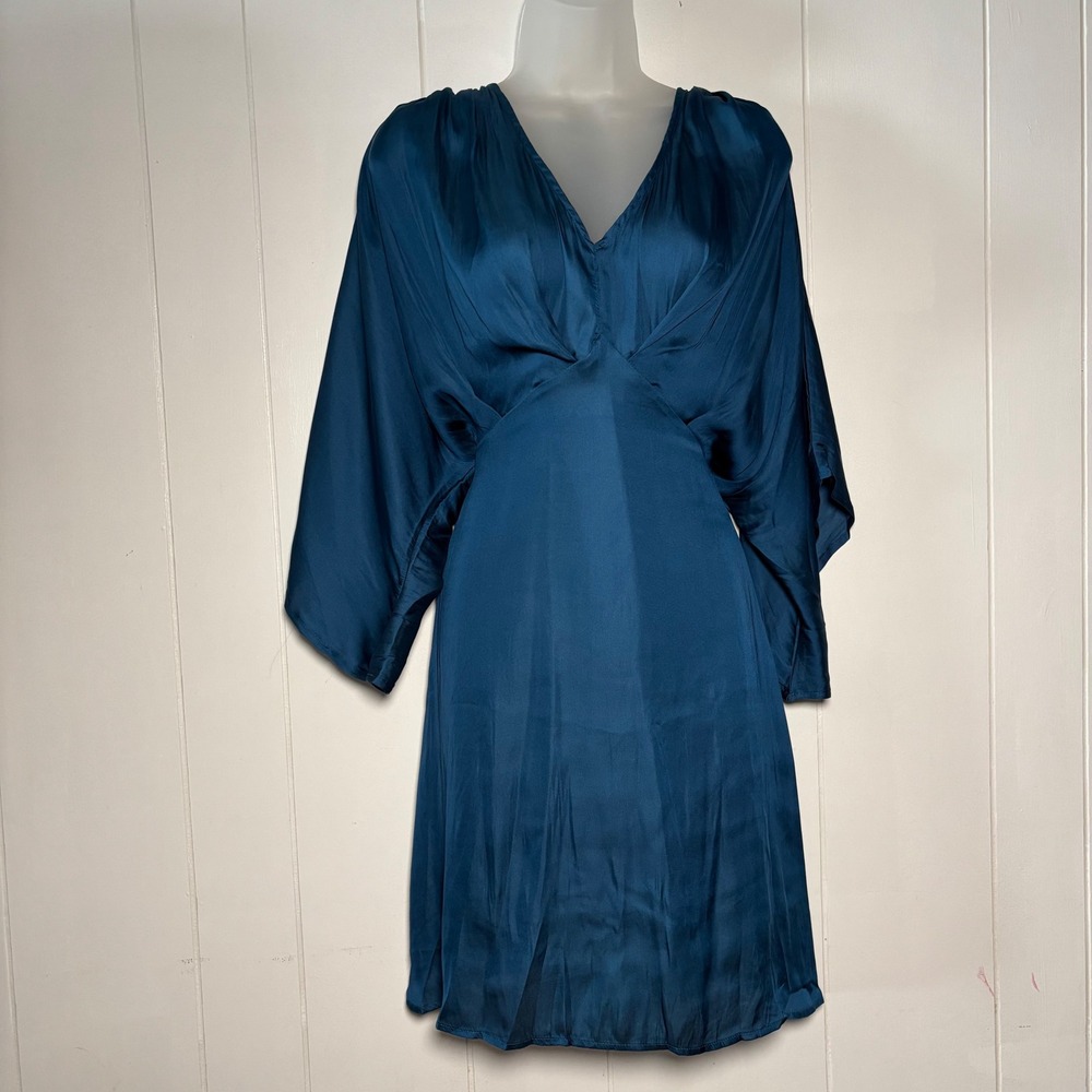 Strut & Bolt Midnight Blue Satin Kimono Sleeve Mini Dress Small Empire Waist